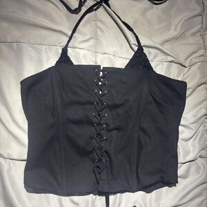White Fox Boutique Black Lace-Up Halter Crop Top